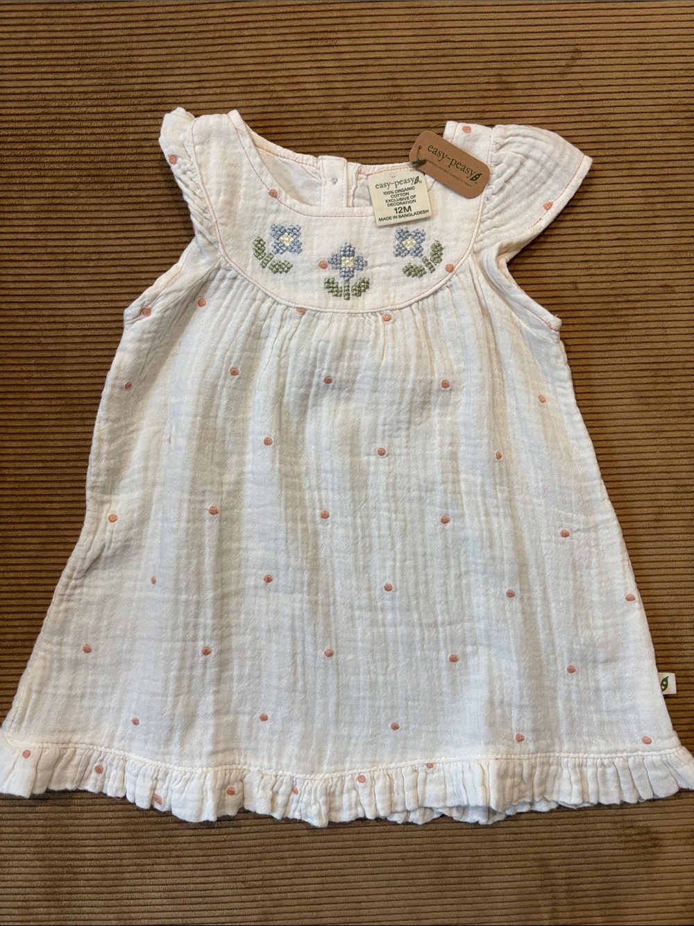 NWT Easy Peasy Organic Cotton Baby Dress with Pink Dot Embroidery